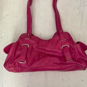 Hot pink leather bag. Balenciaga-esque. Side pockets, silver hardware